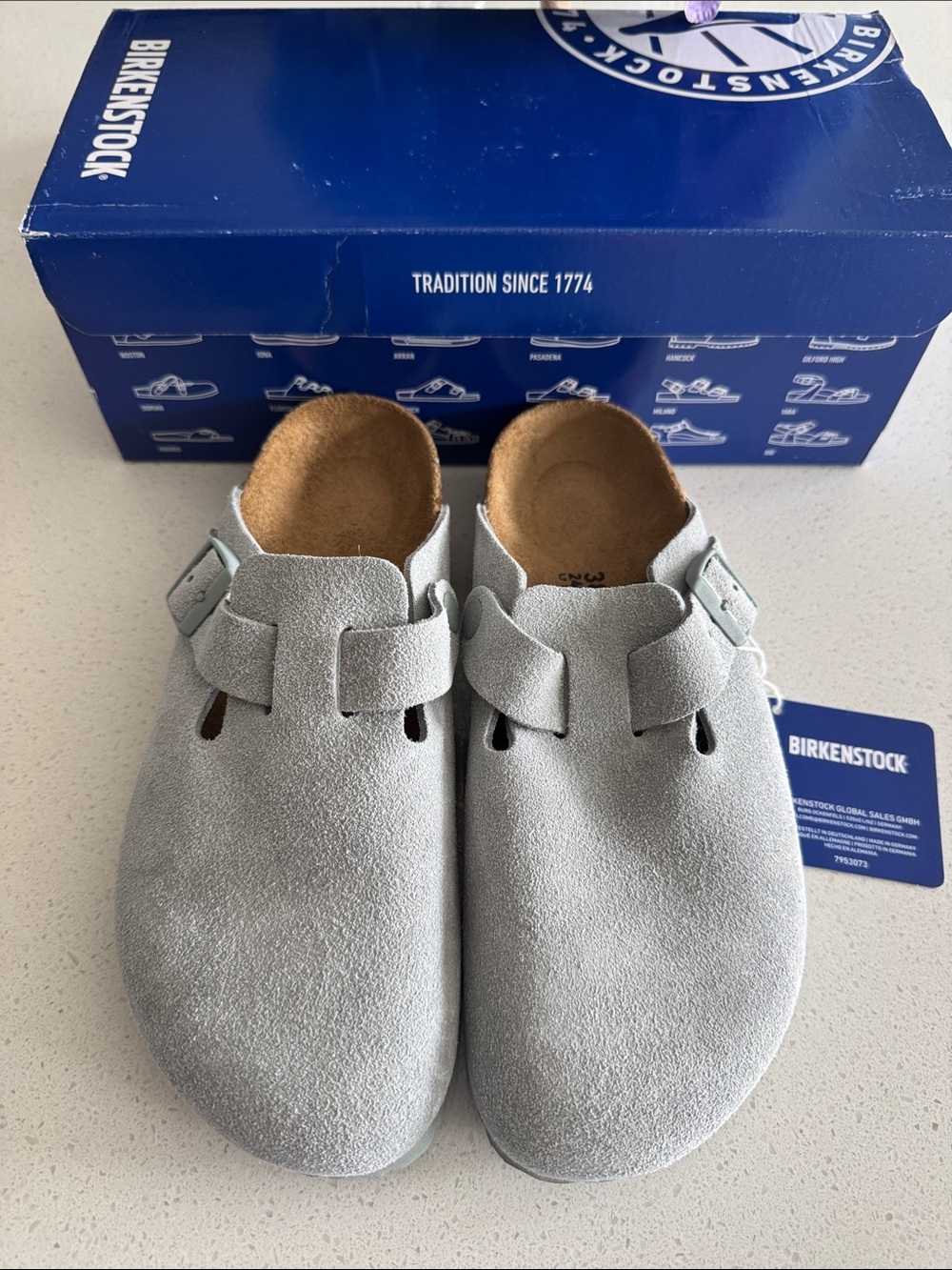 Birkenstock Boston Suede Clogs in pure sage  Gray